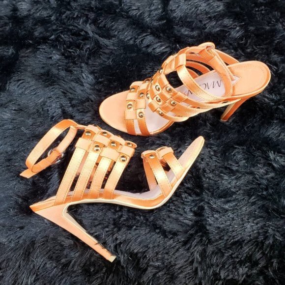Orange Satin Woven Strap Studded High Heel Shoes - Picture 4 of 6